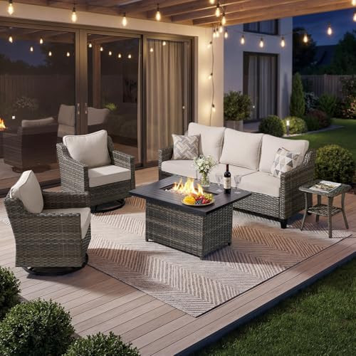 Luxury Patio Furniture Fire Pit Table Set - 5 Pieces All Weather Wicker Outdoor Couch and High Back Swivel Rocker Patio Chairs with fire pit for Deck Yard and Poolside Gray Wicker | Beige Cushions | Amazon (US)