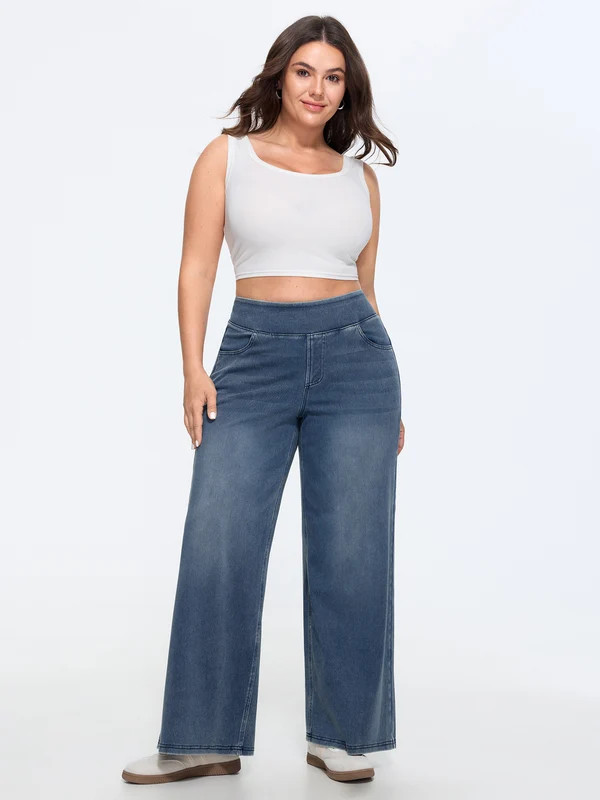 Stretchy Pull-On Wide-Leg Knit Jeans | Bloomchic