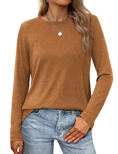 XIEERDUO Womens Long Sleeve Shirts Basic Comfy Crew Neck T Shirts Outdoors Caramel M | Amazon (US)