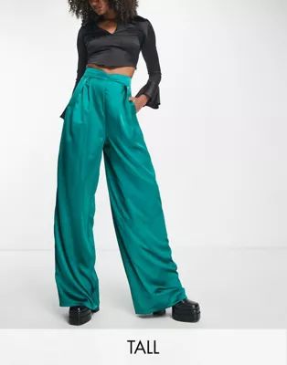 Flounce London Tall satin pleated wide leg pants in emerald | ASOS (Global)