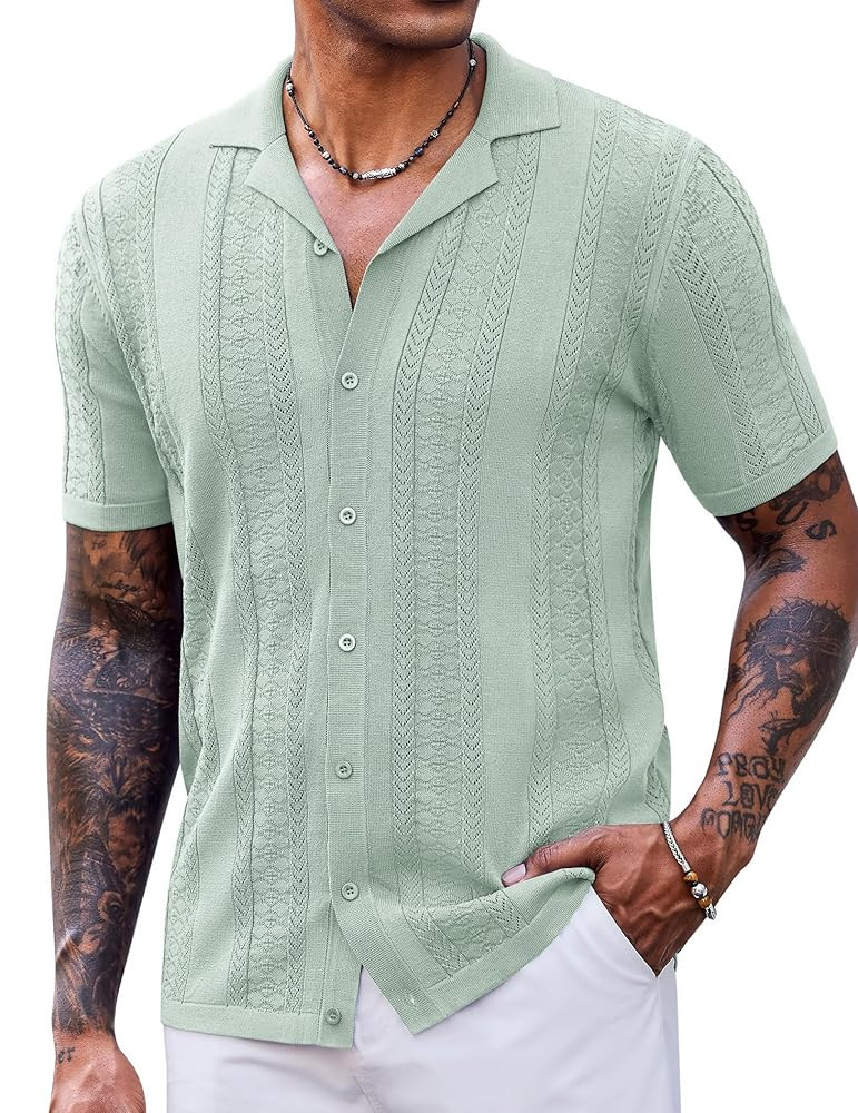 COOFANDY Men's Knit Shirts Vintage Short Sleeve Button Down Shirt Casual Summer Beach Shirt | Amazon (US)