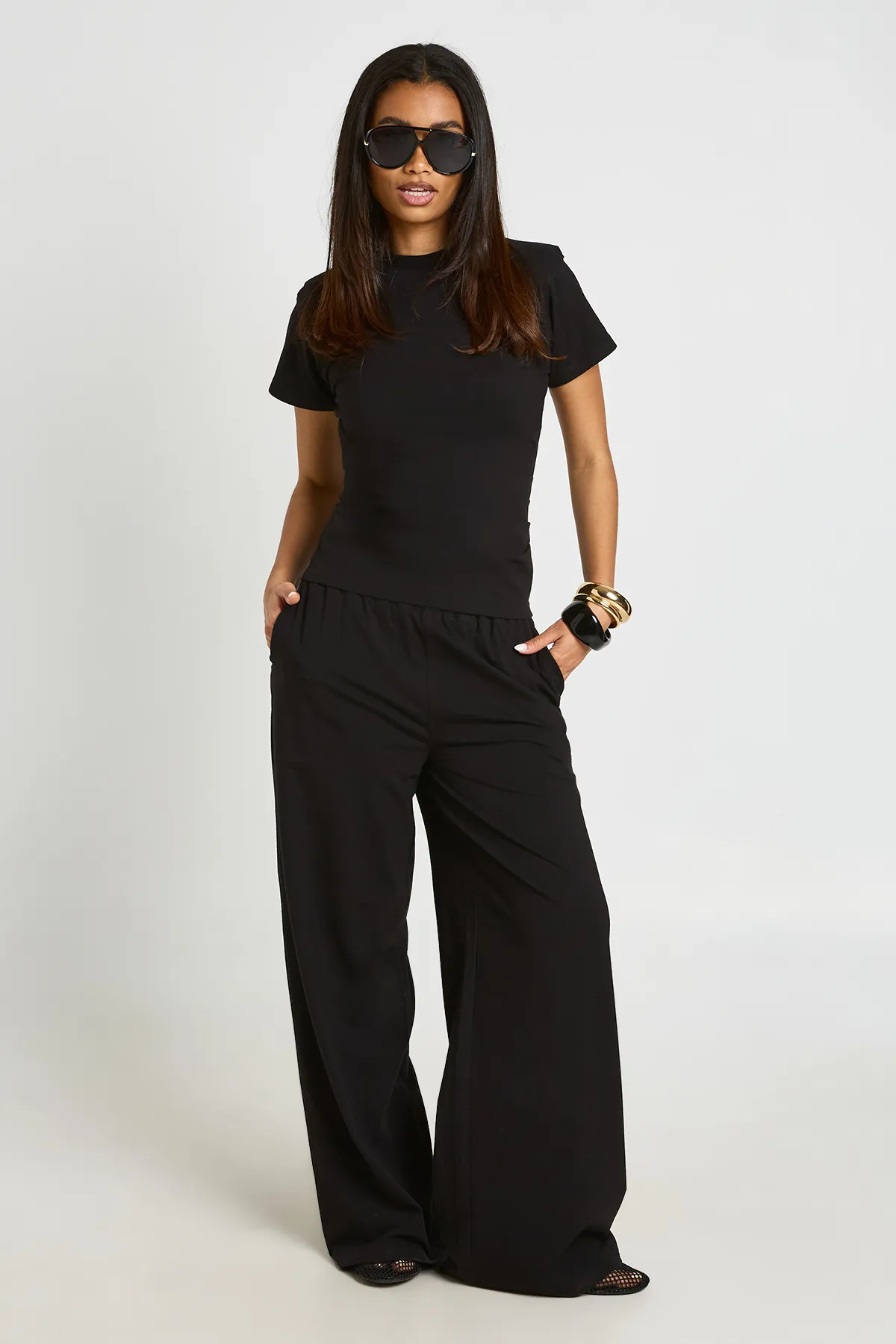Black Shoulder Pad Ruched T-Shirt Straight Leg Trouser Co-ord | Boohoo | Boohoo.com (UK & IE)