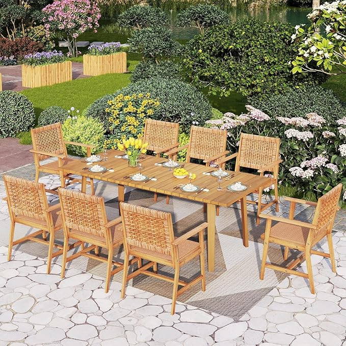 PHI VILLA 9 Pieces Acacia Wood Outdoor Dining Set for 8, Teak Rectangle Wooden Table & Chairs wit... | Amazon (US)