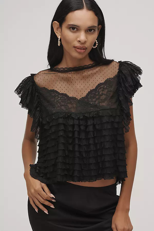 Maeve Sheer Ruffle Lace Blouse | Anthropologie (US)