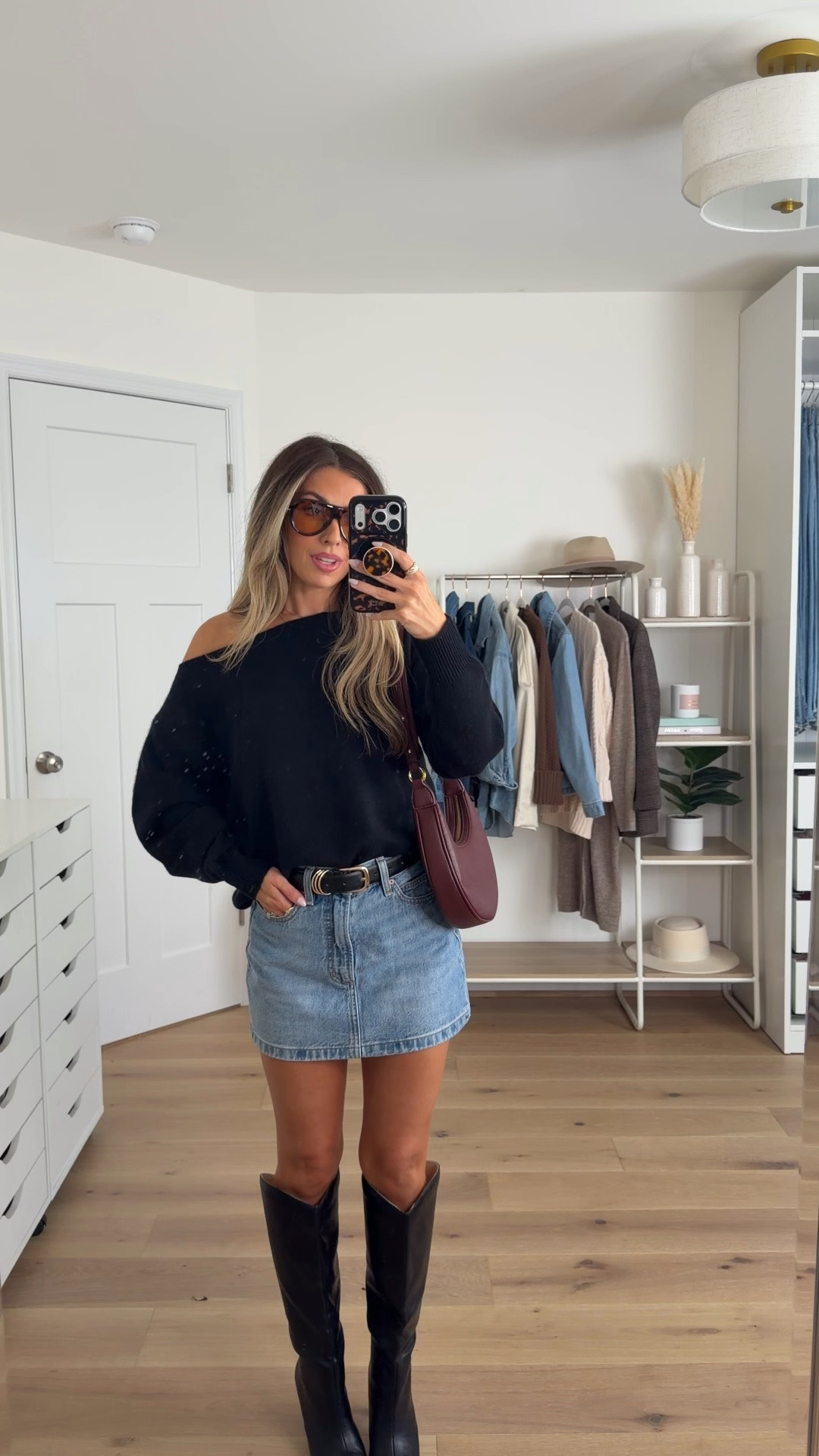 Favorite off the shoulder cashmere sweater in black — size xs & size 24 in the denim mini skirt

#LTKPetite #LTKSeasonal #LTKootd