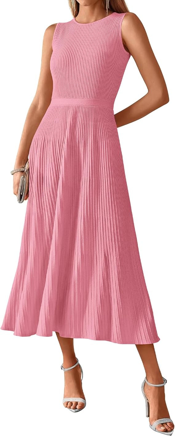 BTFBM Women Tank Midi Dress Summer Crewneck Sleeveless Pleated A Line Business Casual Formal Swea... | Amazon (US)
