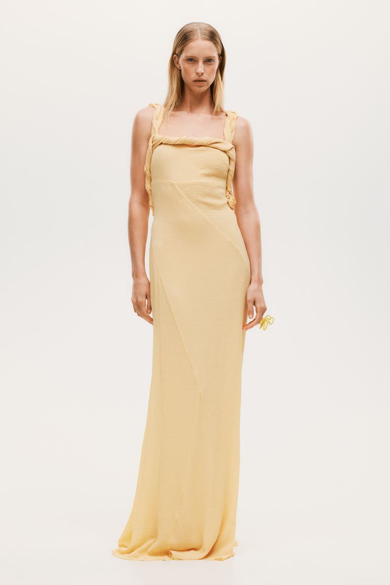 Twist-detail Crinkled Dress - Square Neckline - Sleeveless - Pastel yellow - Ladies | H&M US | H&M (US + CA)