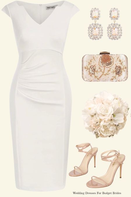 Affordable elopement outfit idea for the bride to be.

#whitemididress #fauxbouquet #neutralheels #beadedclutch #shortweddingdress

#LTKstyletip #LTKSeasonal #LTKwedding