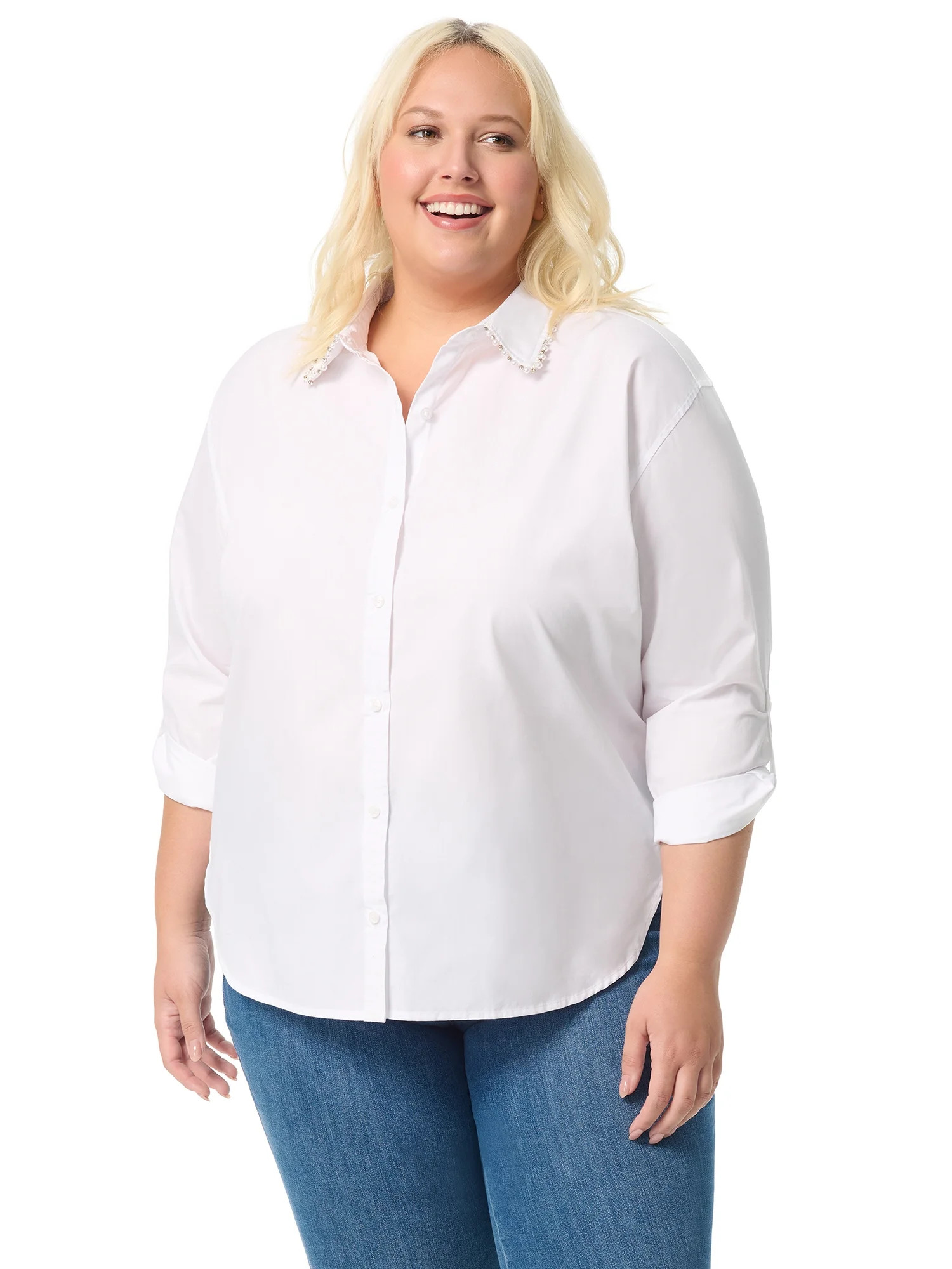 Gloria Vanderbilt Swan Series Women's Plus Amanda Shirt with Embellished Collar, Sizes 0X-4X | Walmart (US)