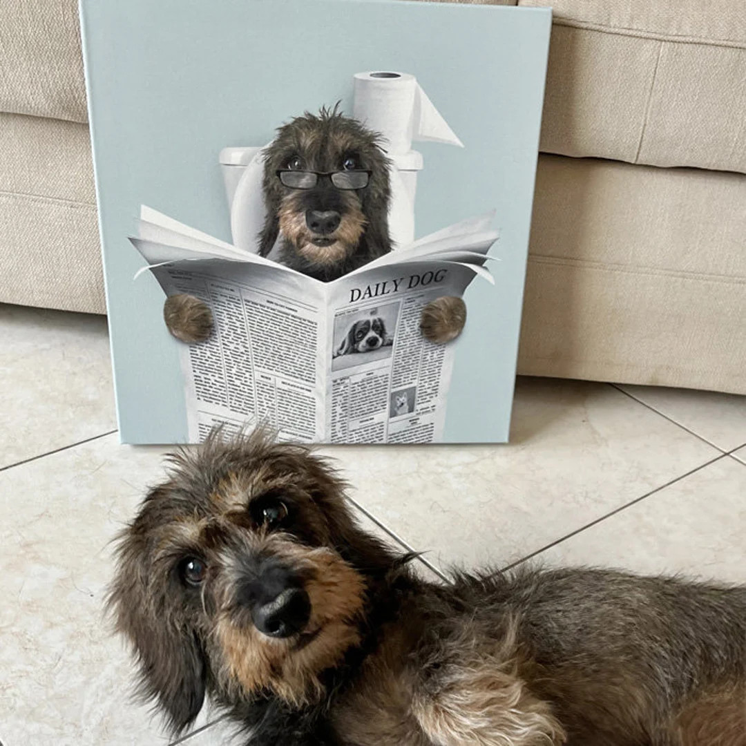 Custom Pet Portrait, Dog Read Newspaper in Toilet, Funny Pet Portrait, Pet Customization, Kids Ba... | Etsy (US)