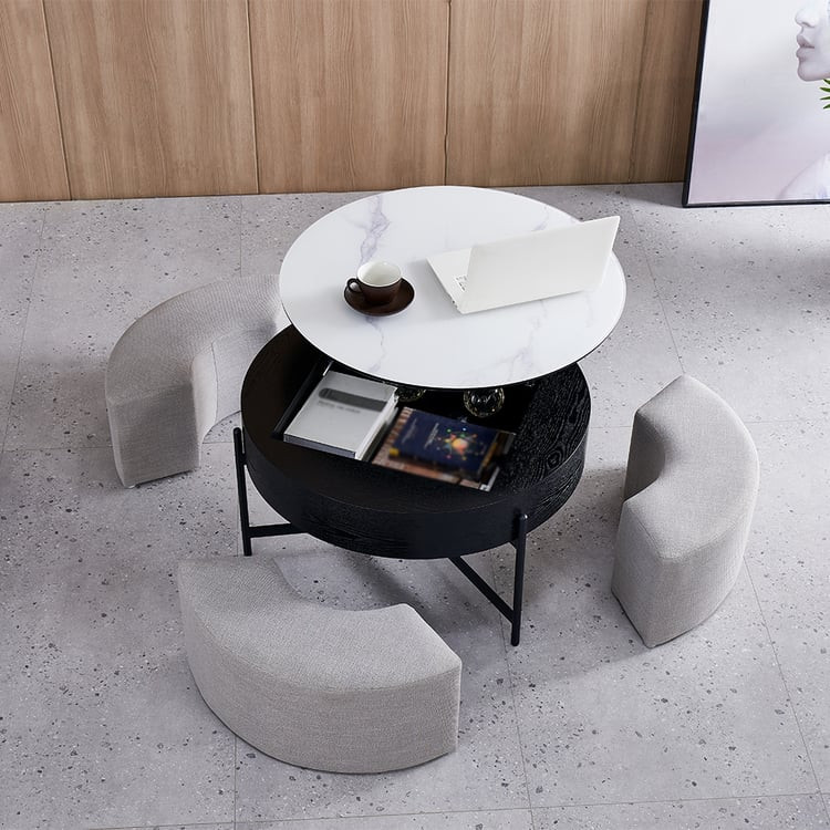 Modern Round Lift-Top Coffee Table with Storage & 3 Ottoman White & Black | Homary | Homary