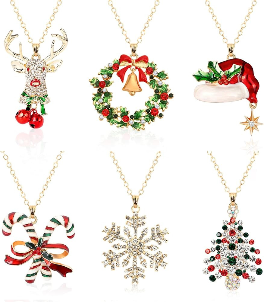 Christmas Necklaces for Women Rhinestone Crystal Charm Xmas Pendant Necklace Bulk Holiday Festiva... | Amazon (US)