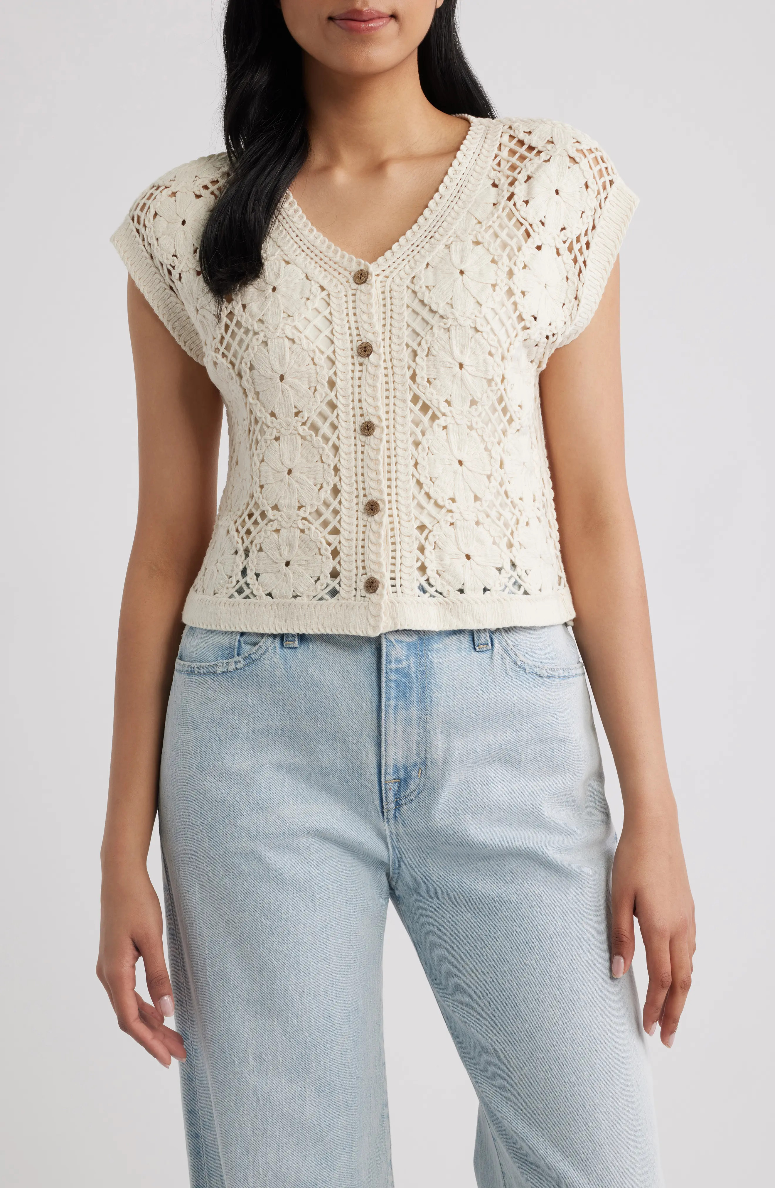 Floral Open Stitch Cotton Blend Sweater (Women) | Nordstrom | Nordstrom