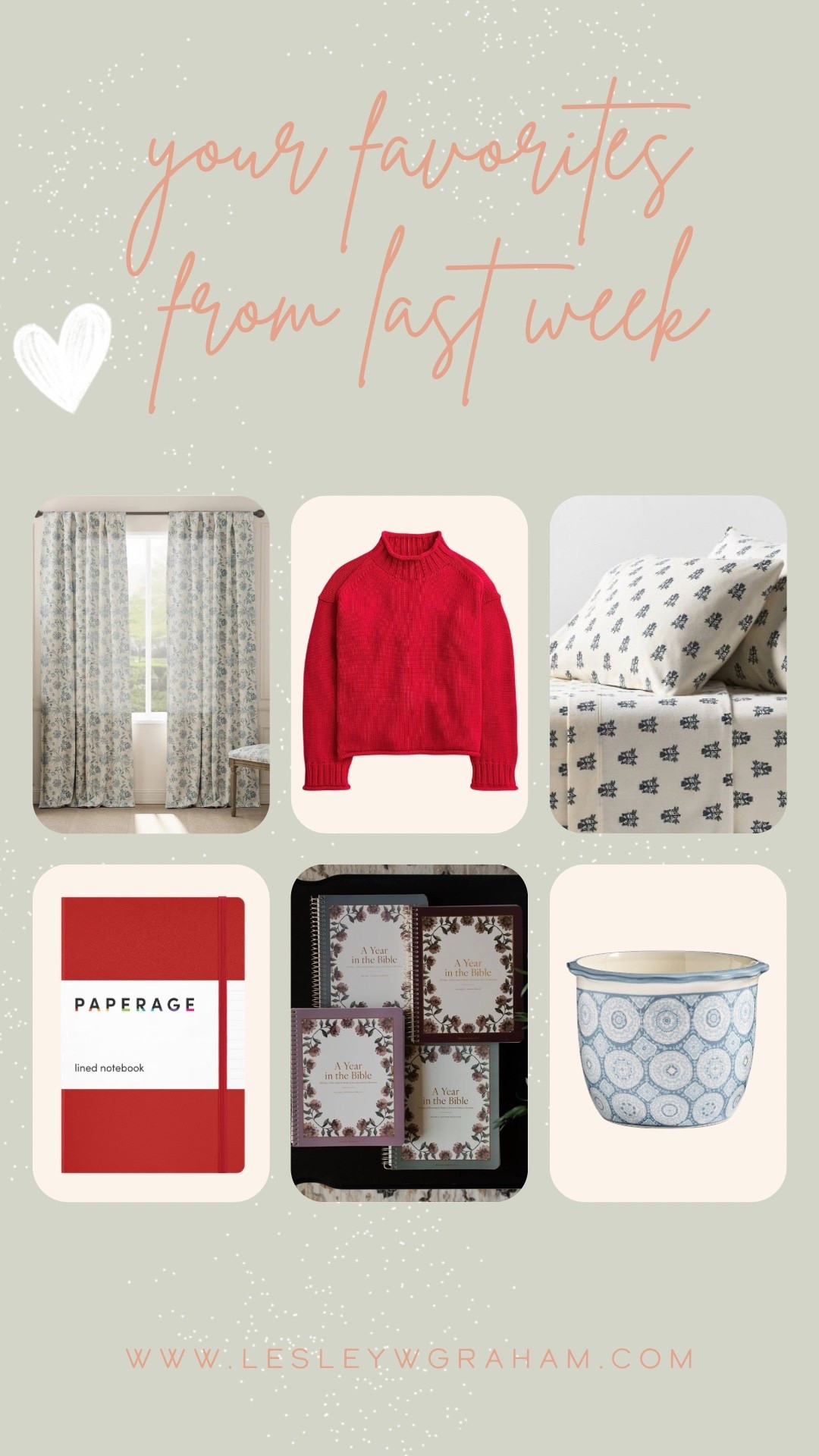 Top sellers last week. Your winter favorites. Blue airy curtains, red sweater for Valentine’s Day, cozy winter sheets, red journal, devotional journals, kravet blue planter. 

#LTKselfcare #LTKHome #LTKmorningroutine