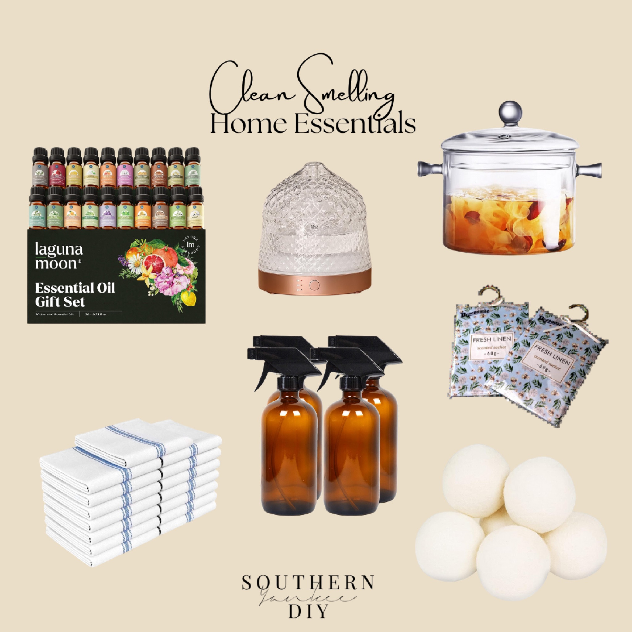 Clean smelling home essentials, glass diffuser, glass bottles, simmer pot, essential oils, cleaning supplies 

#LTKhome #LTKfindsunder50 #LTKstyletip