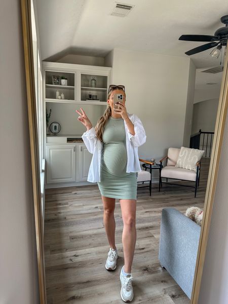 Casual bump friendly summer outfit
Bodycon dress in size M - sized up for maternity
Button up in M
Sneakers tts

#LTKbump #LTKshoecrush #LTKstyletip