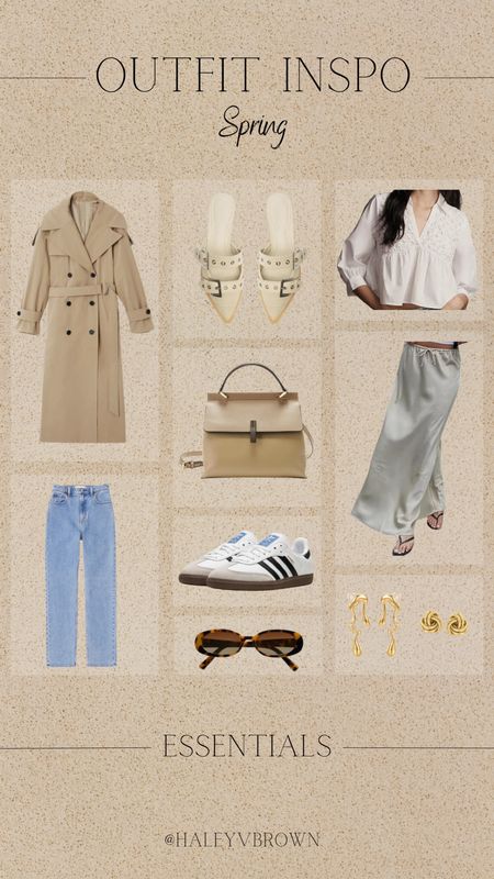 Spring Essentials, Neutral Handbag, White midi skirt, Cream silk midi skirt, Adidas sambas, Trench Coat, Amazon trench coat, Anthropologie Spring Top, Babydoll top, cream mules, neutral sandals, spring accessories, tortoise sunglasses, gold earrings, chunky gold earrings, Abercrombie denim, straight leg jeans, blue denim, blue jeans, spring 2024 outfit

#LTKshoecrush #LTKSeasonal #LTKSpringSale