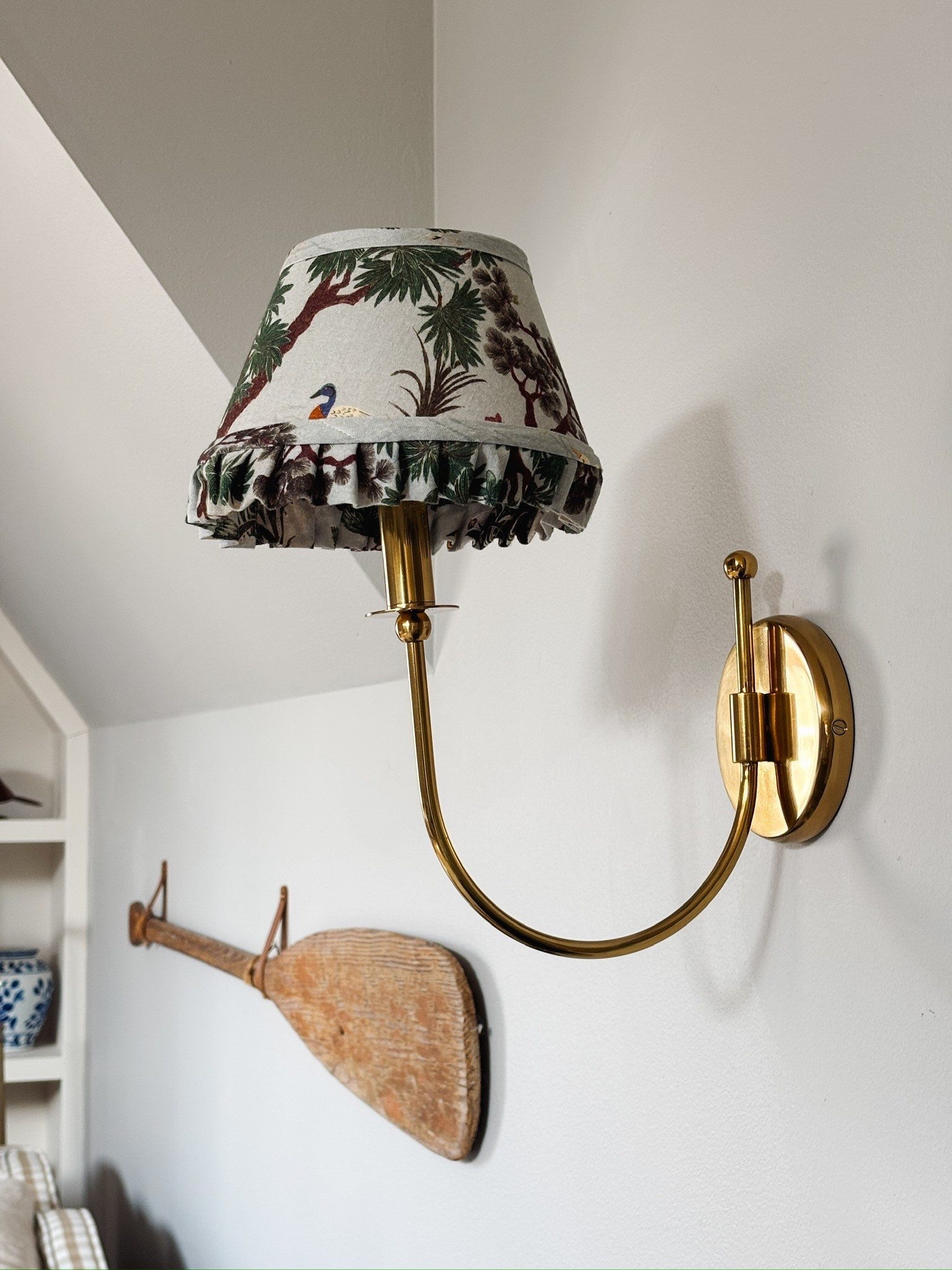 Wall lights in the Snug with ruffled shades  (I have them in my bedroom too with the other shade pattern!)