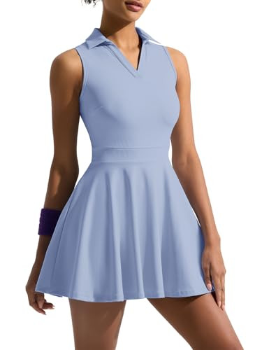 Sexyasasii Sports Tennis Dress with Shorts and Two Pockets Lapel V Neck Flow Sleeveless Cute Golf Active Athletic Dresses Light Blue | Amazon (US)