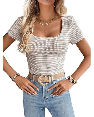 Women Summer Short Sleeve Shirts Ruched Tops Sexy Square Neck Blouses Going Out Knit T Shirt Basi... | Amazon (US)