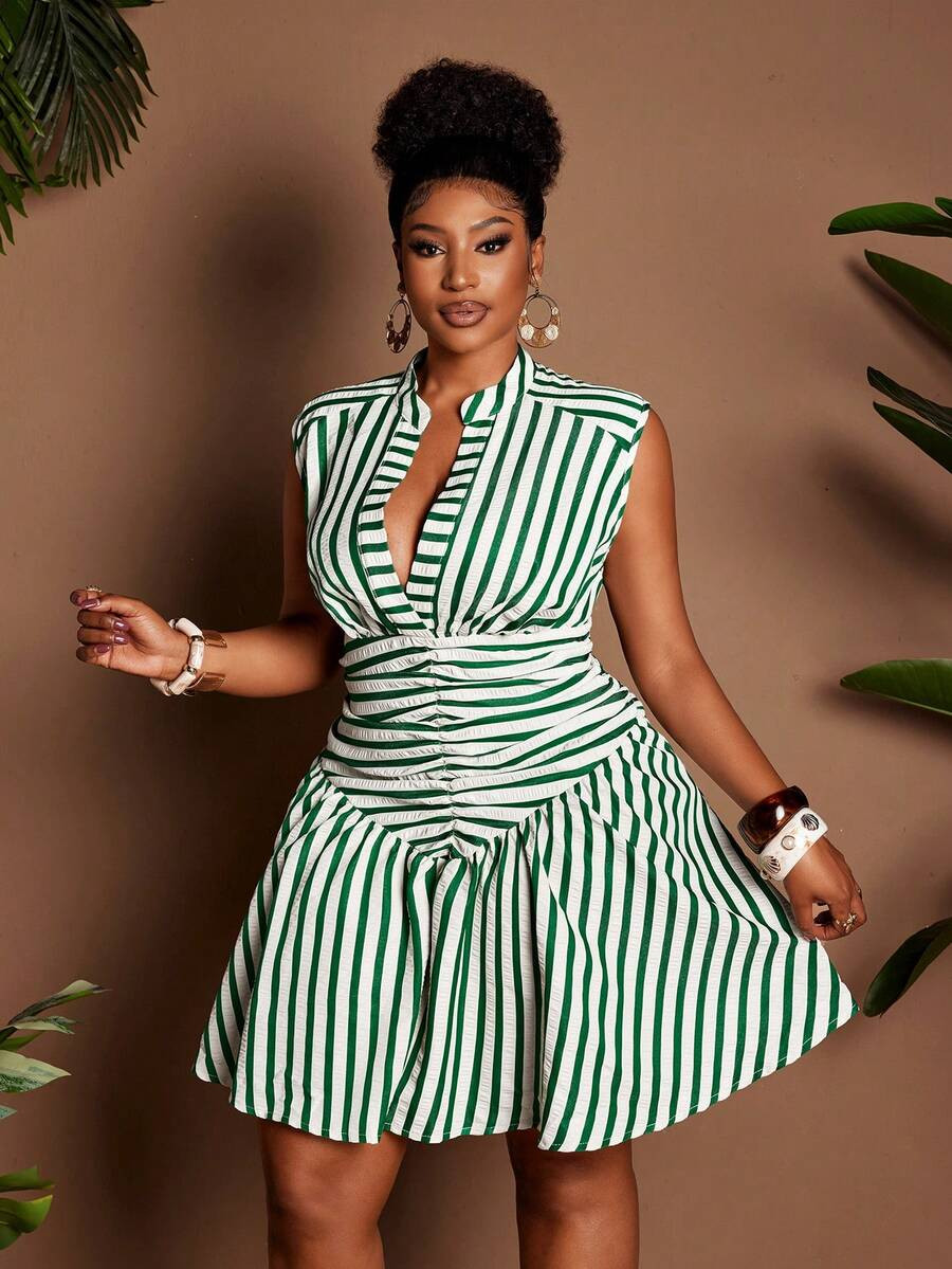 Maweii European And American Autumn Sweet Fresh Striped Collar Sleeveless Shirt Dress, Plus Size | SHEIN