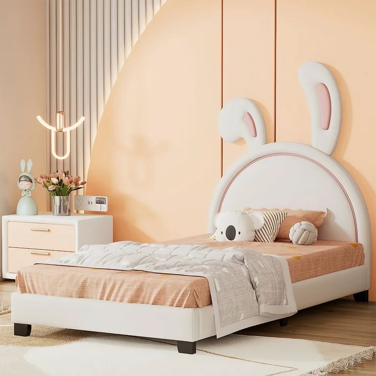 Aukfa Upholstered Platform Bed with Bunny Ears Headboard for Kids, Faux Leather Twin Bed - White ... | Walmart (US)
