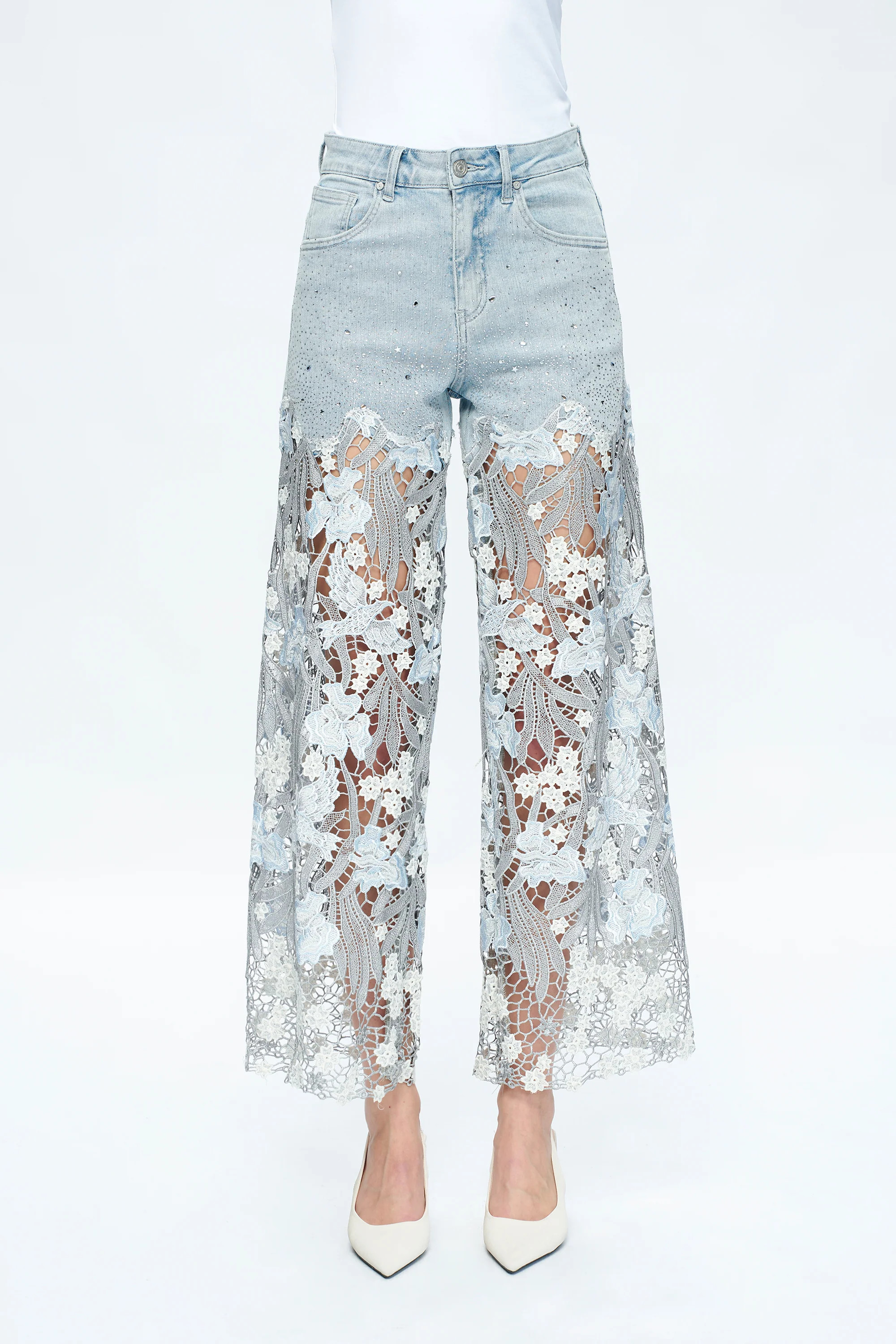Buy Bayeas Lace Jeans – Embroidered Wide Leg Denim With Rhinestone | Bayeas