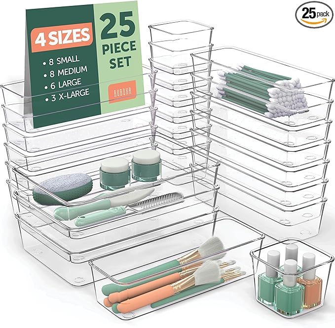 25 Pcs Clear Plastic Drawer Organizers Set, 4 Sizes Clear Drawer Organizers & storage Bins for Ma... | Amazon (US)