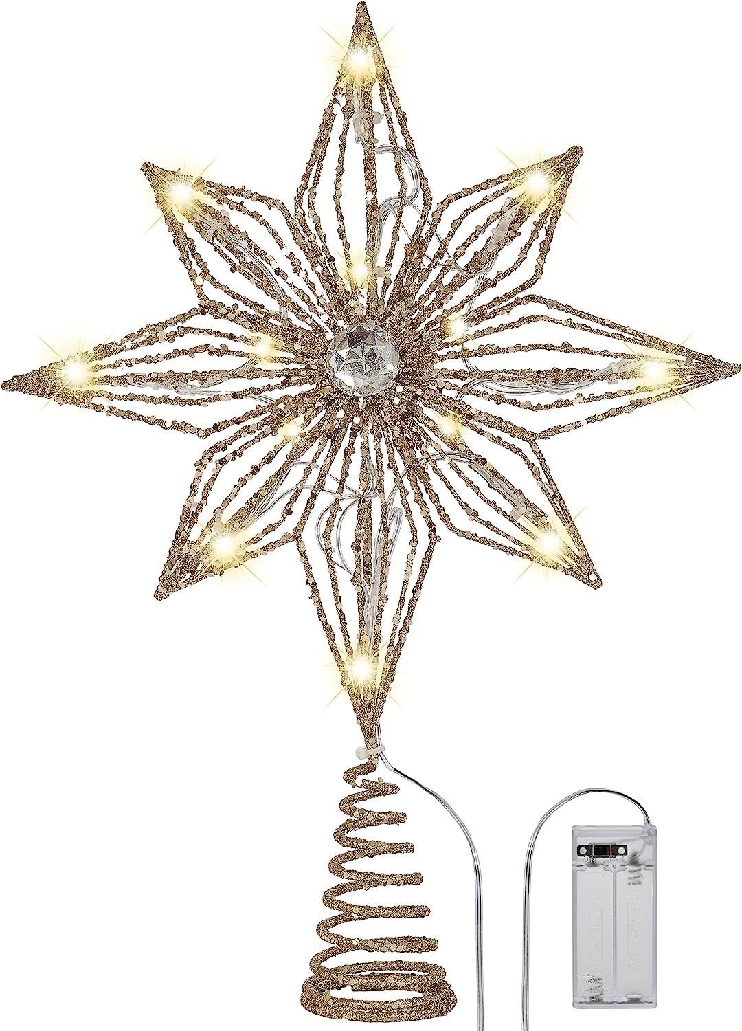 Valery Madelyn 13.6 Inch Pre-Lit Champagne Gold Christmas Tree Topper,Metal Tree top Star with 10... | Amazon (US)