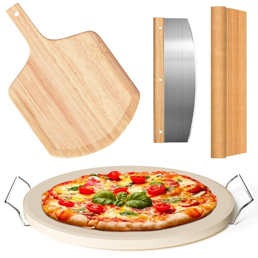 5 PCS Round Pizza Stone Set, 13" Pizza Stone for Oven and Grill with Pizza Peel(OAK),Serving Rack... | Amazon (US)