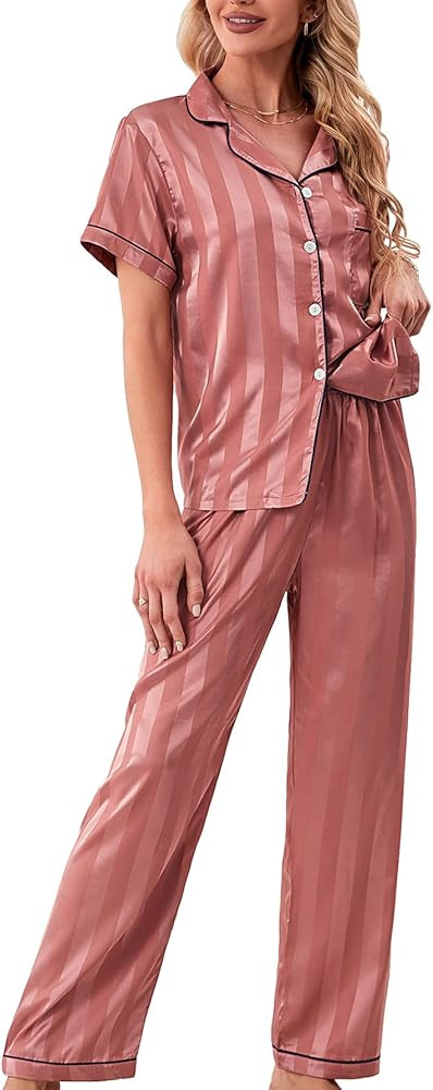 WDIRARA Women's 2 Piece Pajama Set Heart Print Sleepwear Button Up Short Sleeve Satin Pj Set | Amazon (US)