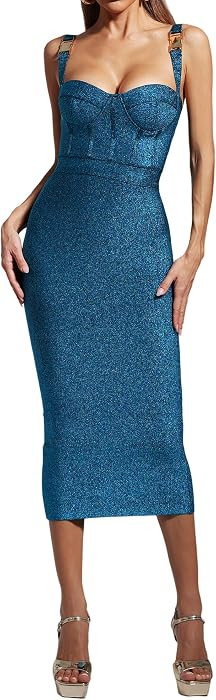 Blue Trendy Sleeveless Spaghetti Strap Flattering Stretch Bandage Dress Sexy V Neck Glitter Maxi ... | Amazon (US)
