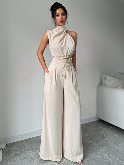 Firerie Women's Apricot Elegant Commuter Stacked Neck Top And Wide Leg Pants Two Piece Set,Teache... | SHEIN