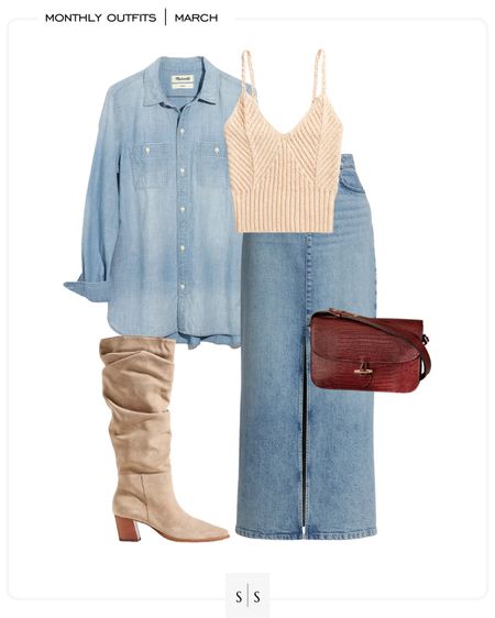 Monthly outfit planner : MARCH looks | #denimskirt #chambrayshirt #trendyoutfit #transitionaloutfit #springoutfit | See entire calendar on thesarahstories.com ✨

#LTKstyletip