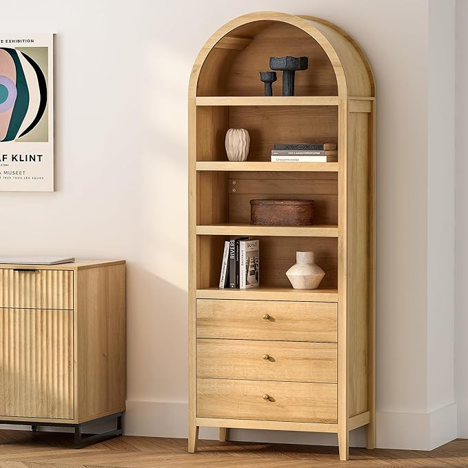 71" Tall Arched Cabinet, 4-Tier Arched Bookcase with 3 Drawers and Shelves, Modern Farmhouse Book... | Amazon (US)