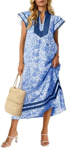 Wenrine Womens Summer Floral Maxi Dress Casual Short Cap Sleeve V Neck Color Block Side Slit Loos... | Amazon (US)