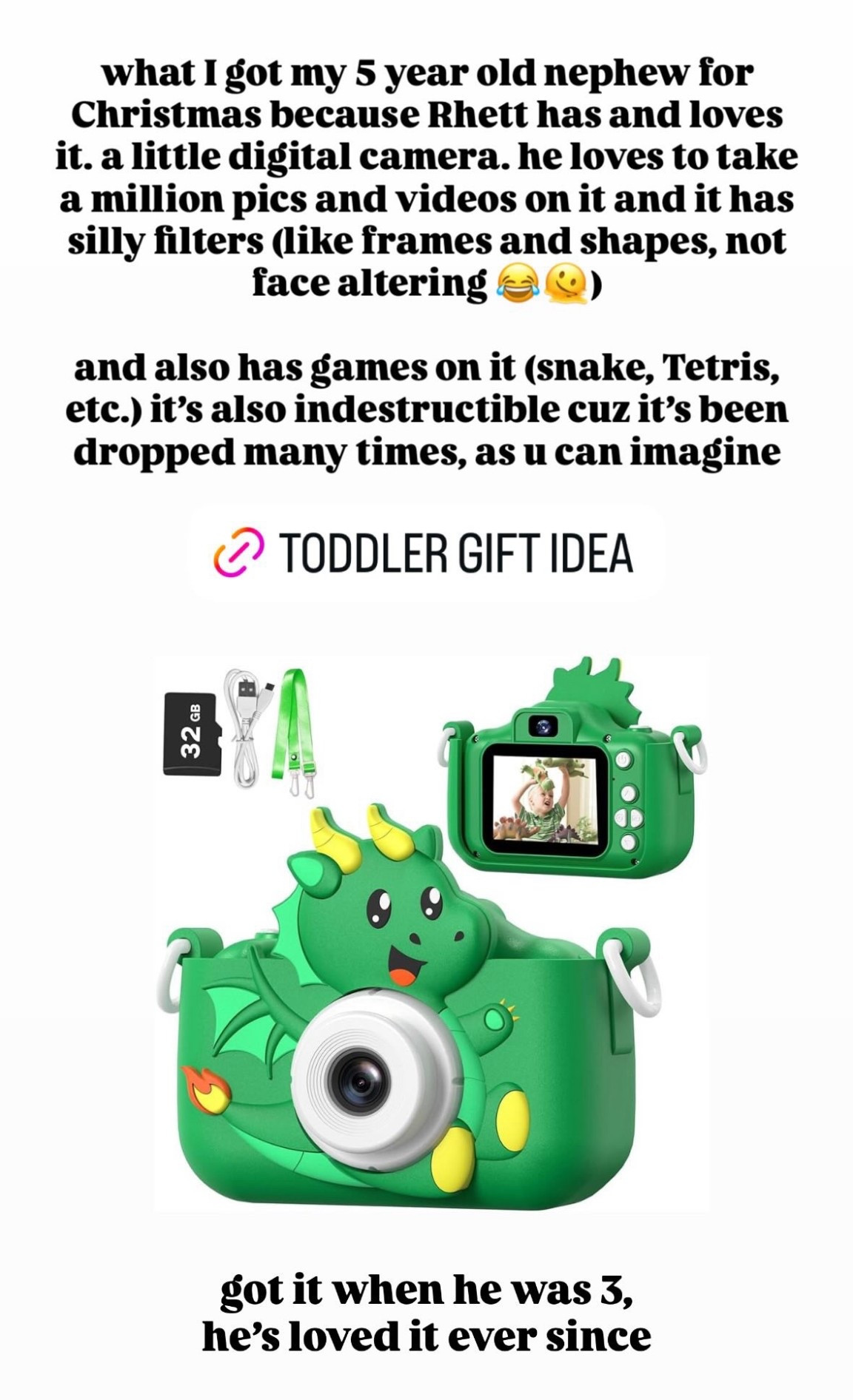 3-5 year old gift idea - comes in girly colors too! My son loves this little digital camera 

Toddler gift idea 

#LTKHoliday #LTKGiftGuide #LTKKids