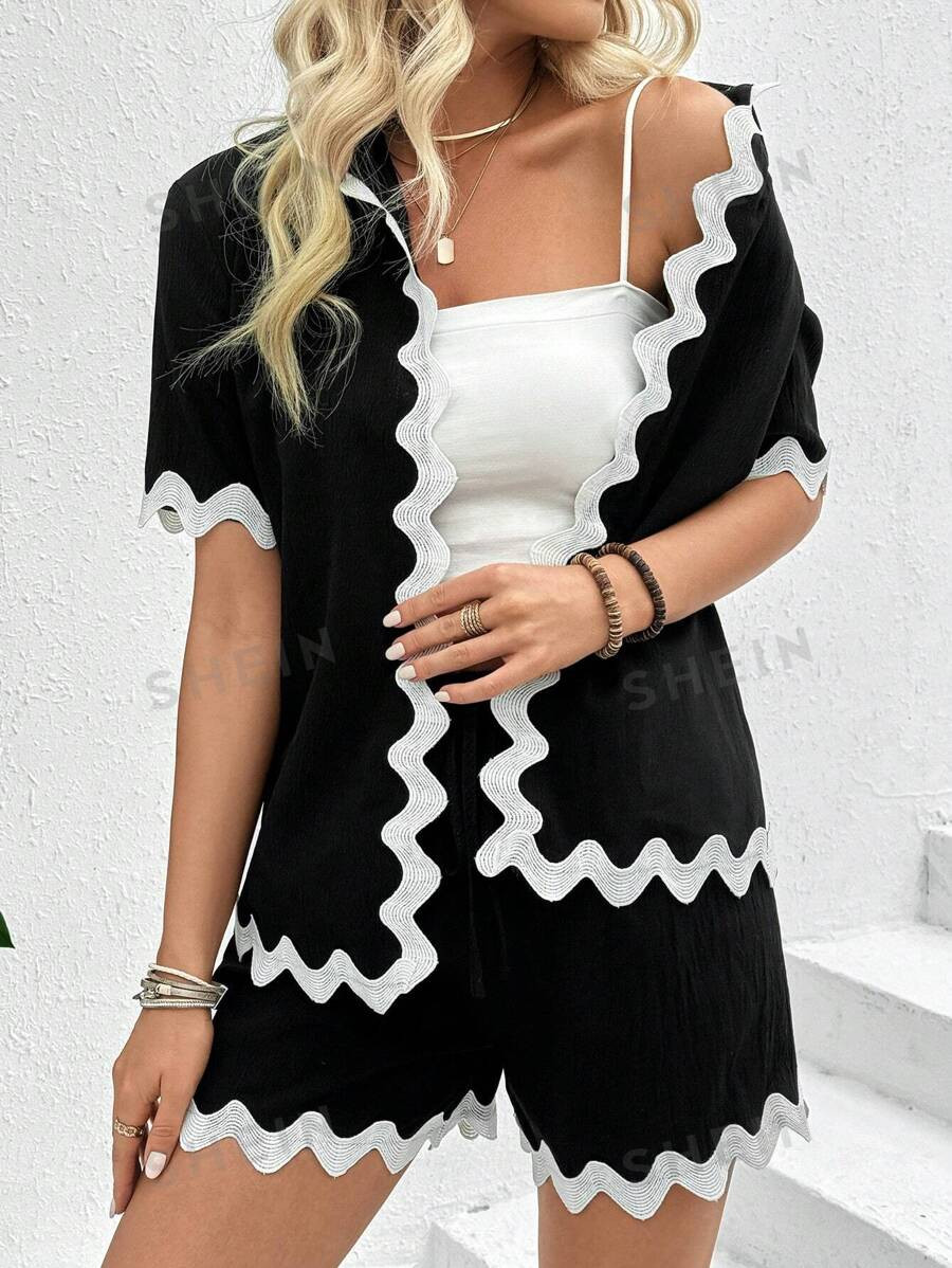 SHEIN LUNE Women's Contrast Color Arc Edge Short-Sleeved Cardigan And Shorts Set | SHEIN