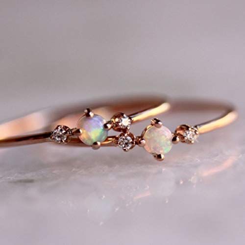 wangxiyan Solid 14K Rose Gold Ring Round White Fire Opal White Sapphire Diamond Jewelry Birthday ... | Amazon (US)