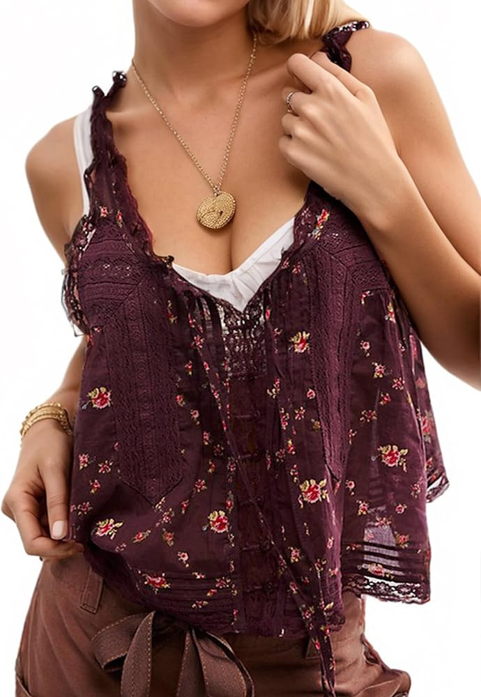 Women Boho Lace Tank Top Boho Summer Vacation Top Sleeveless Button Down Front Tie Lace Y2k Tops ... | Amazon (US)