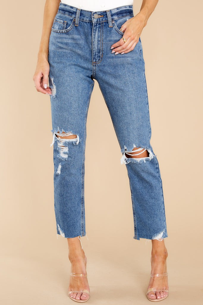 Heard A Rumor Medium Wash Distressed Mom Jeans | Red Dress 
