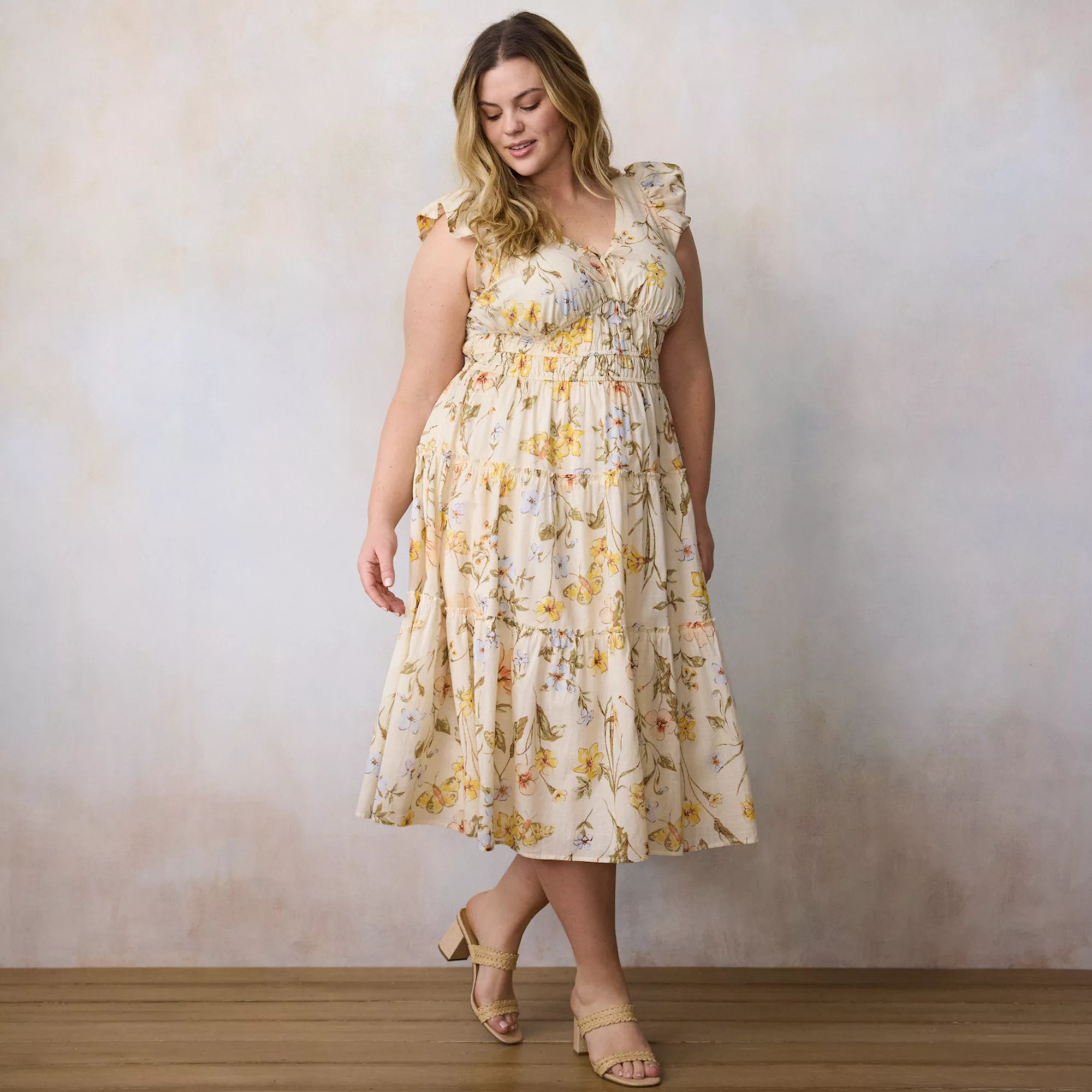 Plus Size LC Lauren Conrad Shirred Bodice Ruffle Sleeve Midi Dress | Kohl's