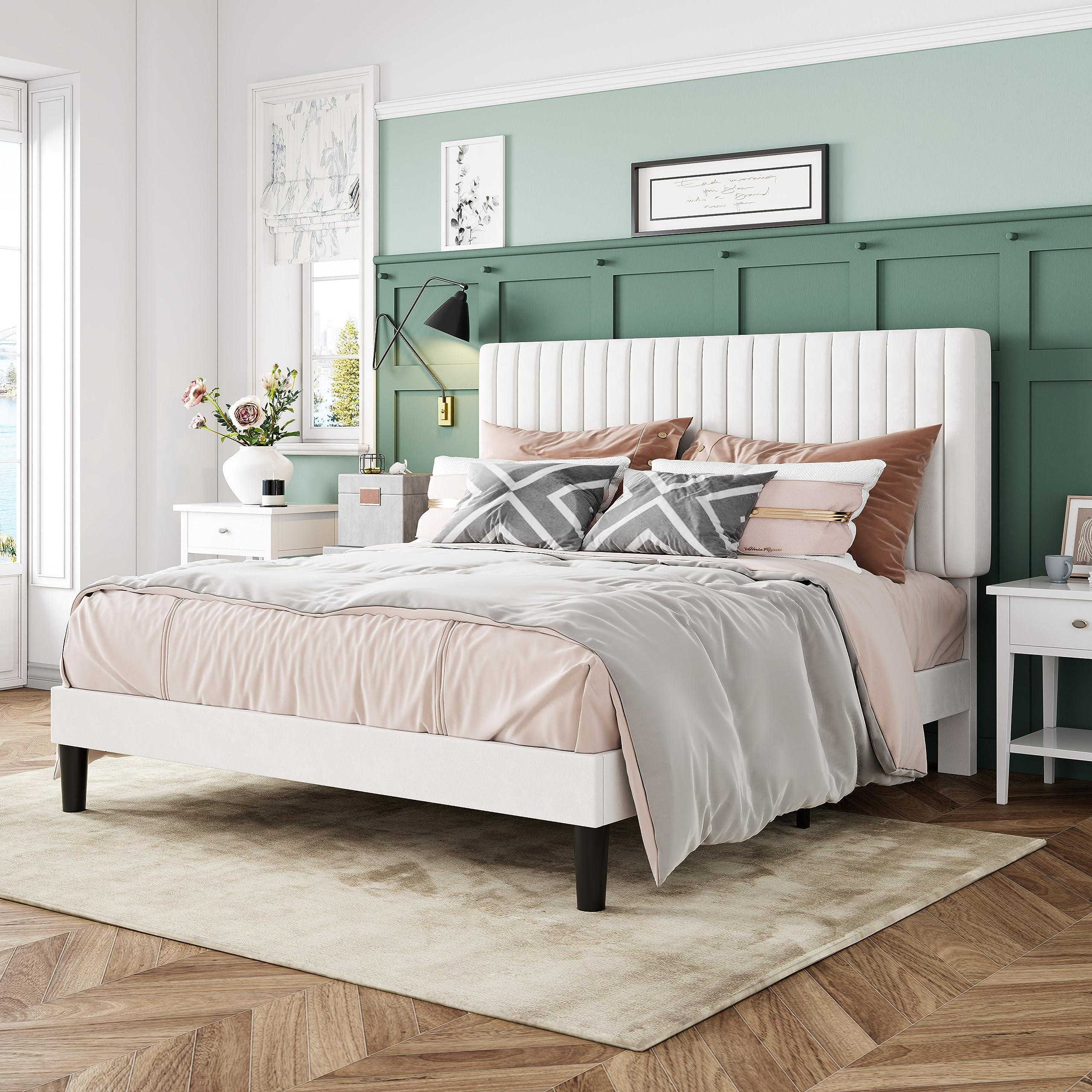 Allewie Queen Bed Frame, Velvet Upholstered Platform Bed with Adjustable Vertical Channel Tufted Headboard, Mattress Foundation with Strong Wooden Slats, Box Spring Optional, Easy Assembly, Off-White | Amazon (US)
