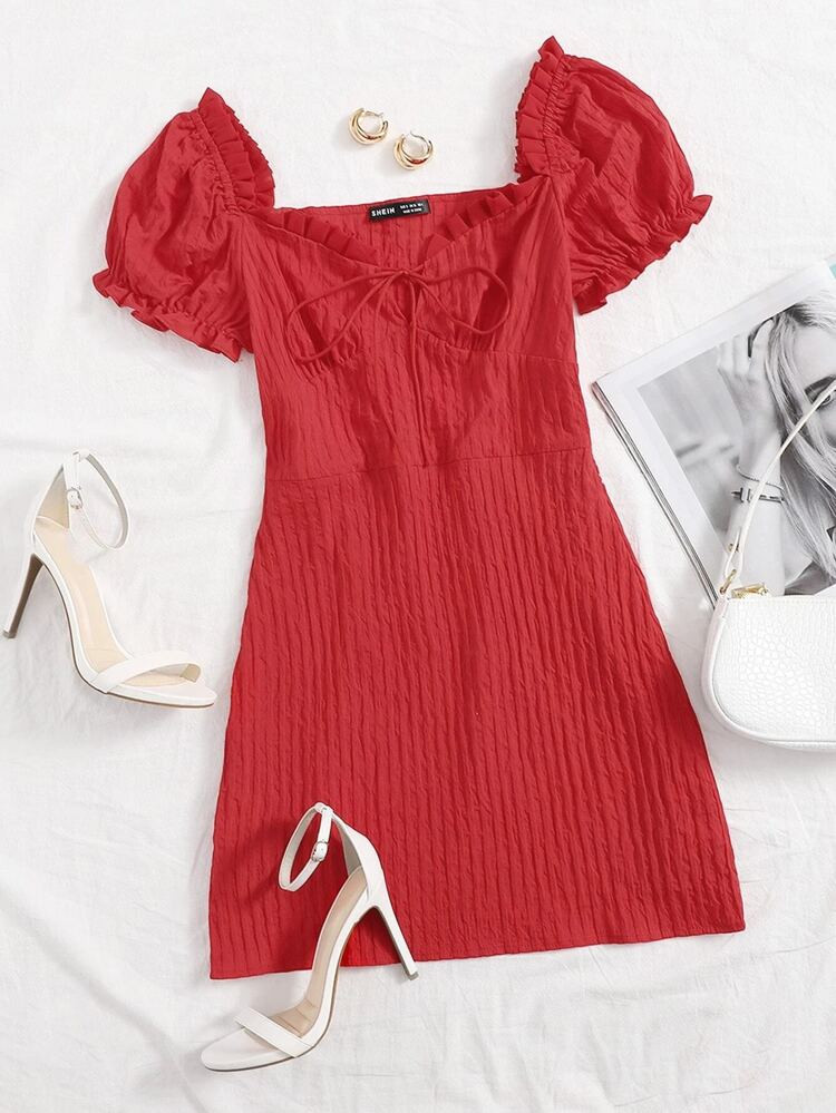 Frill Trim Tie Front Crinkle Dress | SHEIN