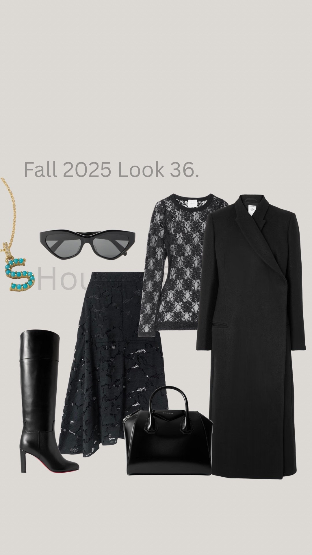 Fall 2025 Look 36. 

Black long skirt, lace shirt, long black coat, tall leather boots, black sunglasses, and a gold and green necklace. A minimalist winter outfit with a hint of drama and softness.






quiet luxury winter outfits, elevated winter wardrobe essentials, neutral winter outfit ideas, chic cold-weather layering, minimalist winter capsule wardrobe, holiday outfit inspiration for women, festive but minimal holiday style, what to wear to a holiday party, chic New Year’s Eve outfit ideas, holiday gift ideas for her, luxury gifts for her that feel personal, fall-to-winter outfit inspiration, leather pants outfit ideas for winter, timeless coat and boot pairings, winter outfits for everyday elegance

#LTKootd #LTKOver40 #LTKgrwm
