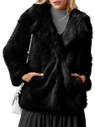 ChiaoLezhee Women's Faux Fur Jacket Trendy, Furry Fuzzy Fluffy Lapel Coat with Inner Lining, Winter Warm Outerwear,Long Sleeve Snap Button Oversized, Black,Small | Amazon (US)