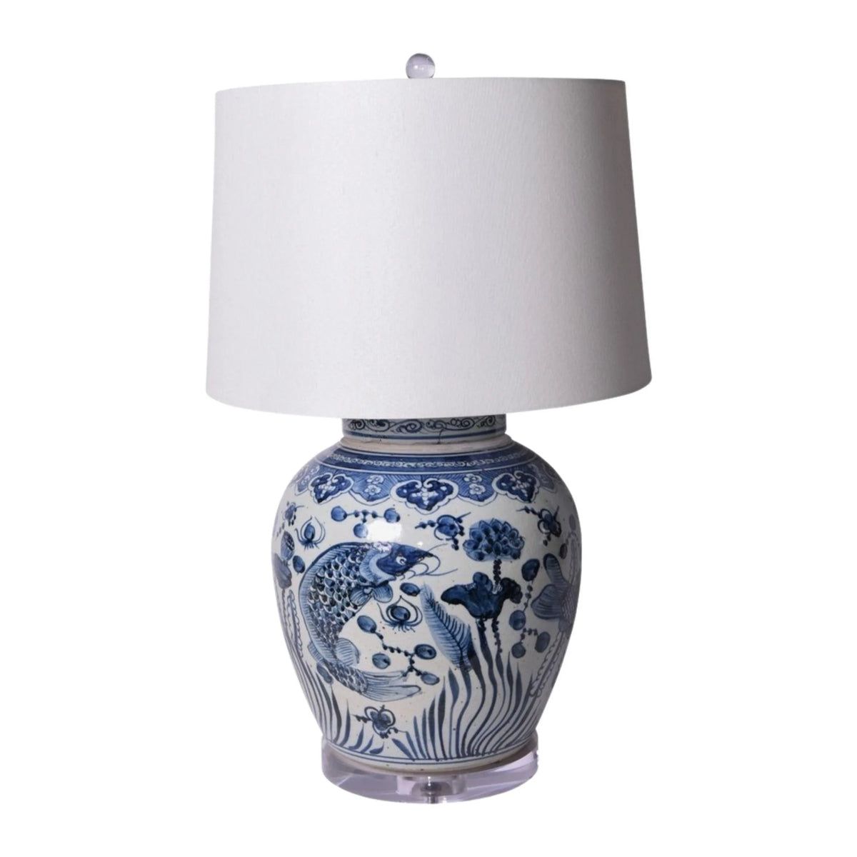Blue and White Porcelain Table Lamp With Ancestor Fish Design | The Well Appointed House, LLC