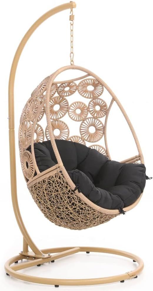 Zuri Furniture Modern Bay Tan Basket Swing Chair Black Cushion with Stand | Amazon (US)