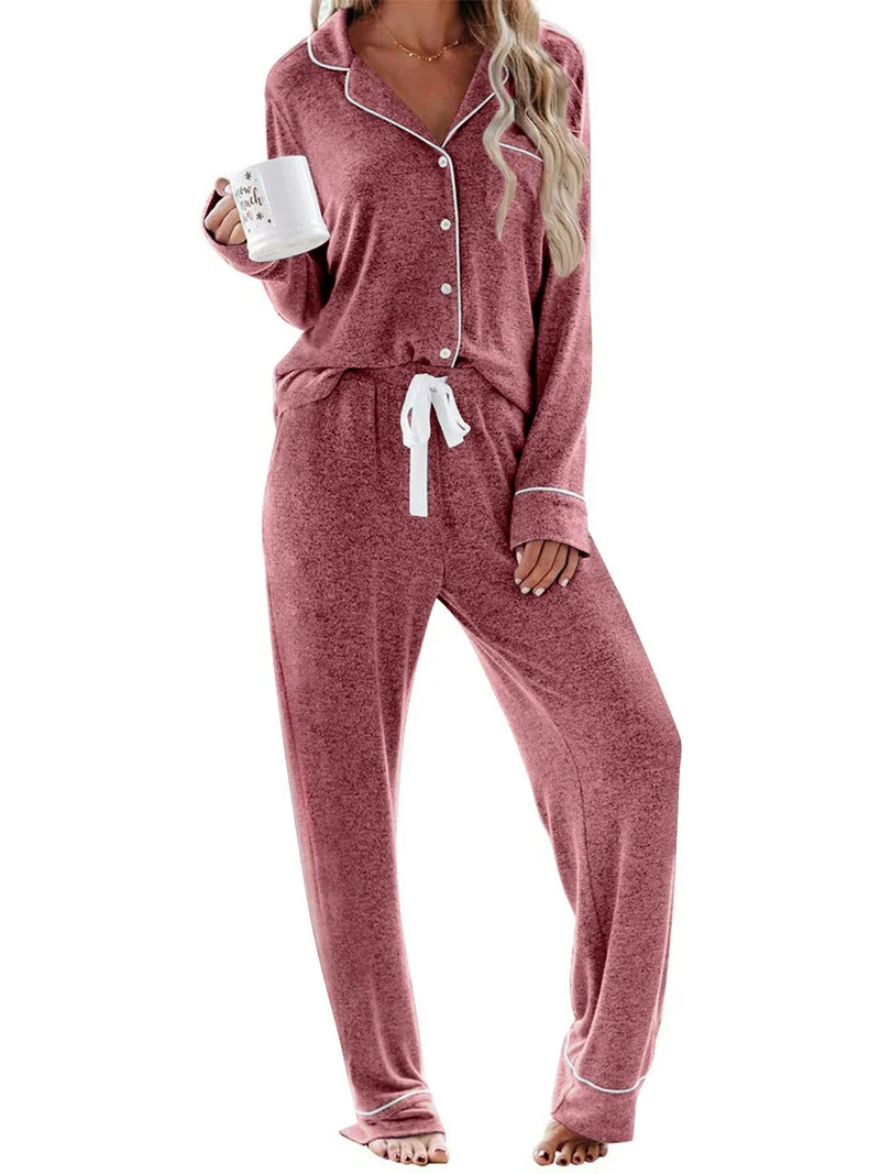 UVN Womens Pajama Sets Long Sleeve Top and Long Pants Soft Pjs Sleepwear Ladies Button Down Loung... | Walmart (US)