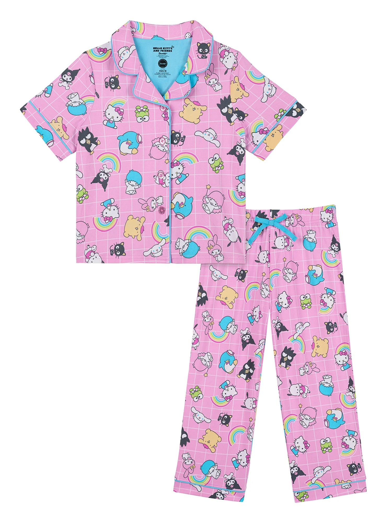 Hello Kitty Girls Short Sleeve Sleep Notch Collar Top and Pants Pajama Set, 2-Piece, Sizes 4-12 | Walmart (US)
